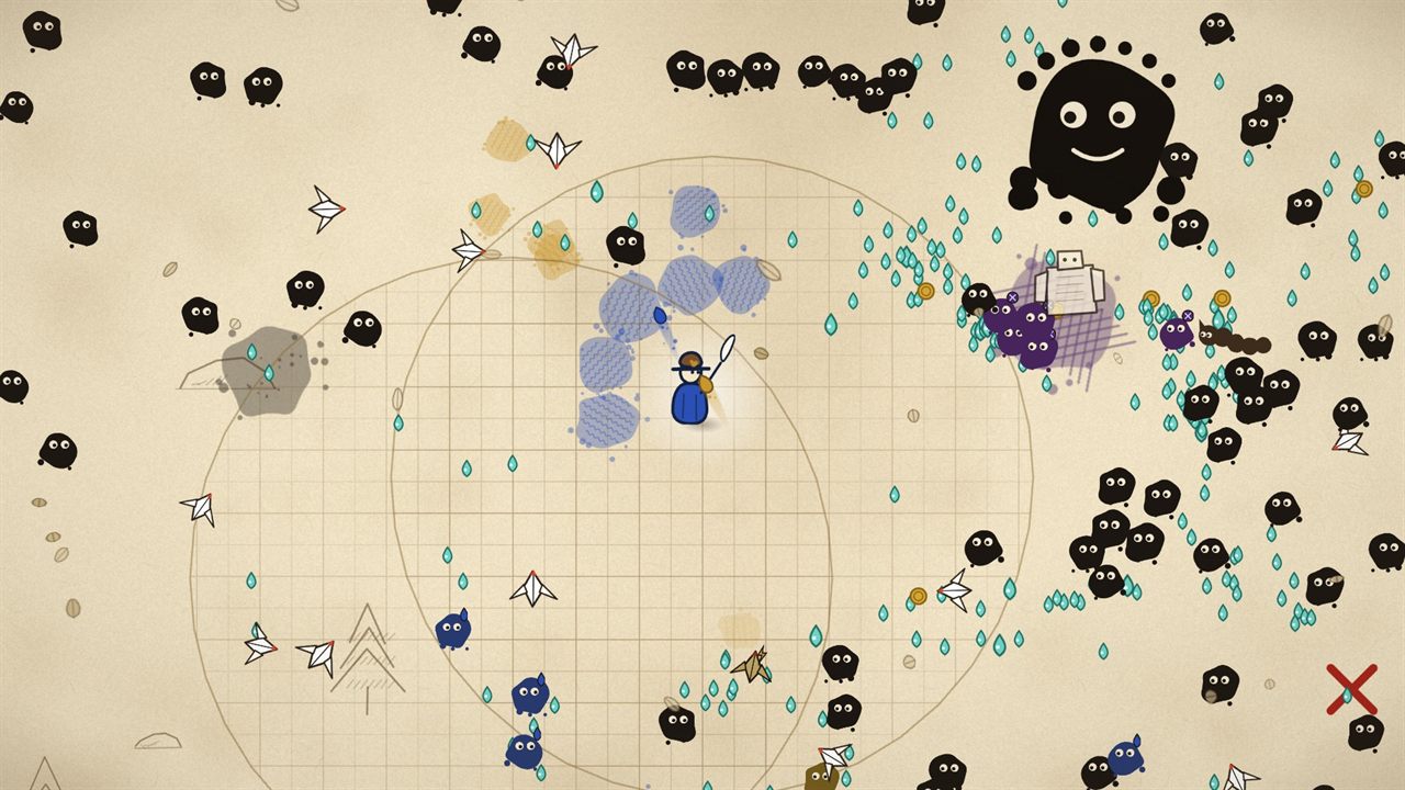 Wren surrounded by a crowd of ink blots while the Grand Blot, a huge smiling blot, closes in